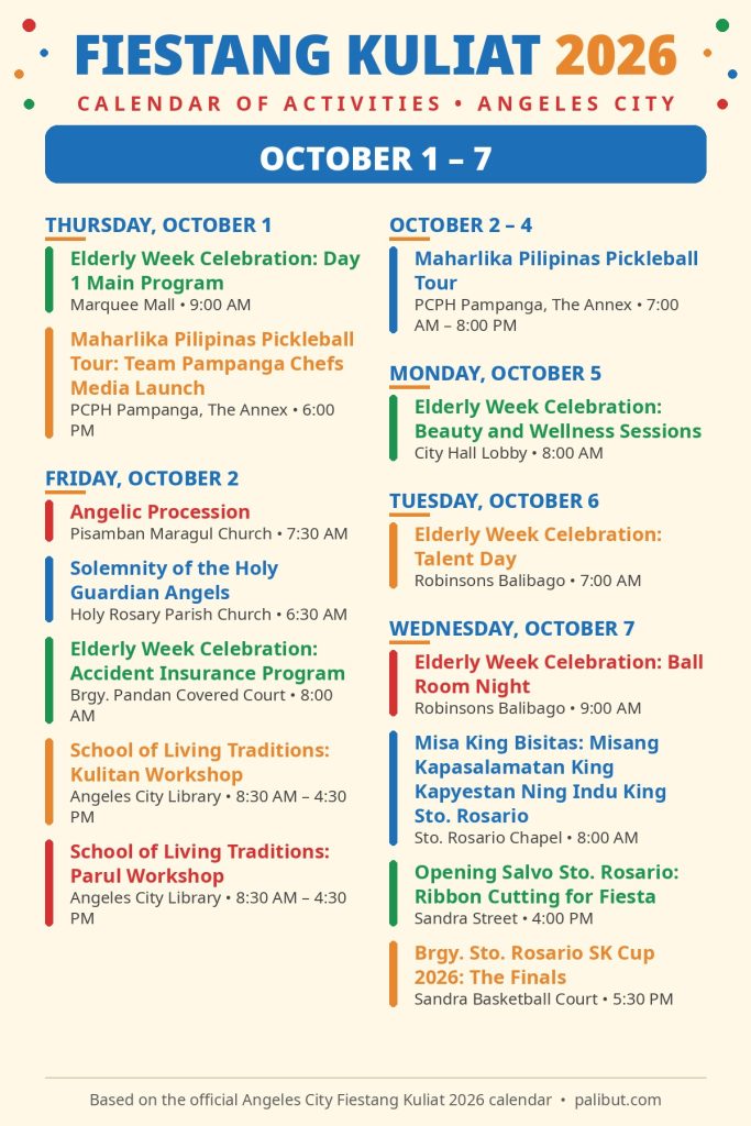 Fiestang Kuliat 2026 schedule card for October 1 to 7 — Elderly Week and the Guardian Angels feast in Angeles City