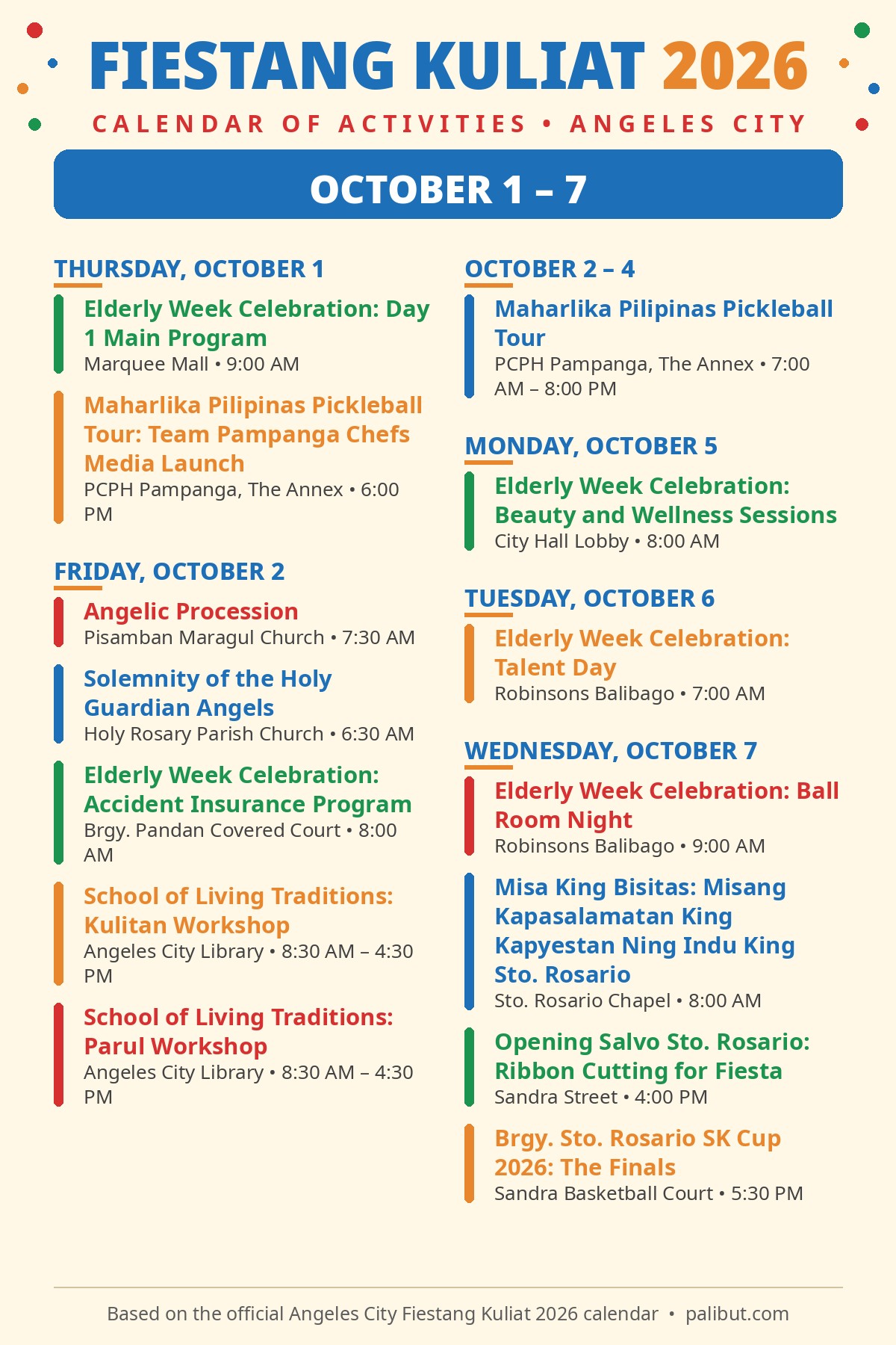 Fiestang Kuliat 2026 schedule card for October 1 to 7 — Elderly Week and the Guardian Angels feast in Angeles City