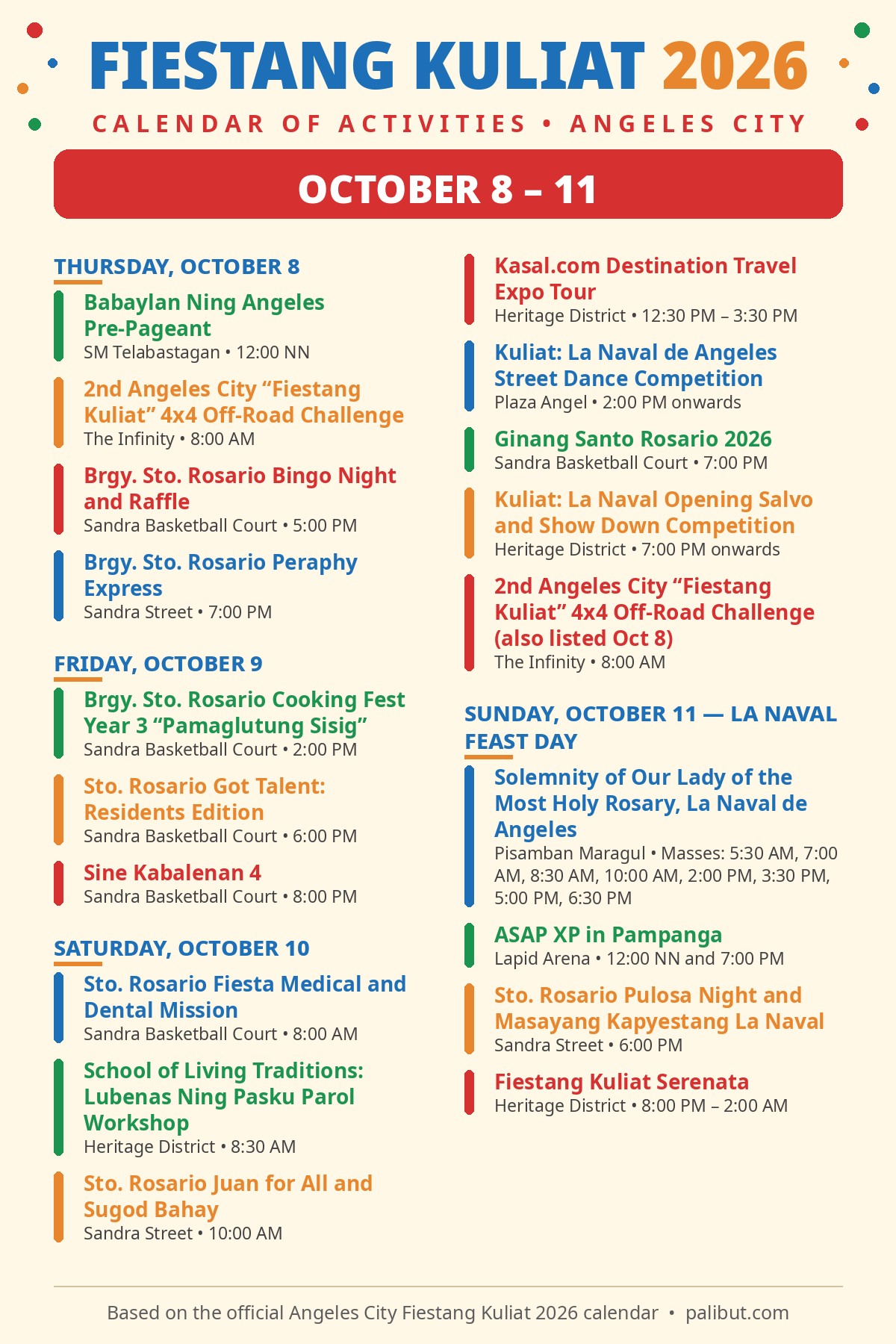 Fiestang Kuliat 2026 schedule card for October 8 to 11 — La Naval fiesta weekend in Angeles City