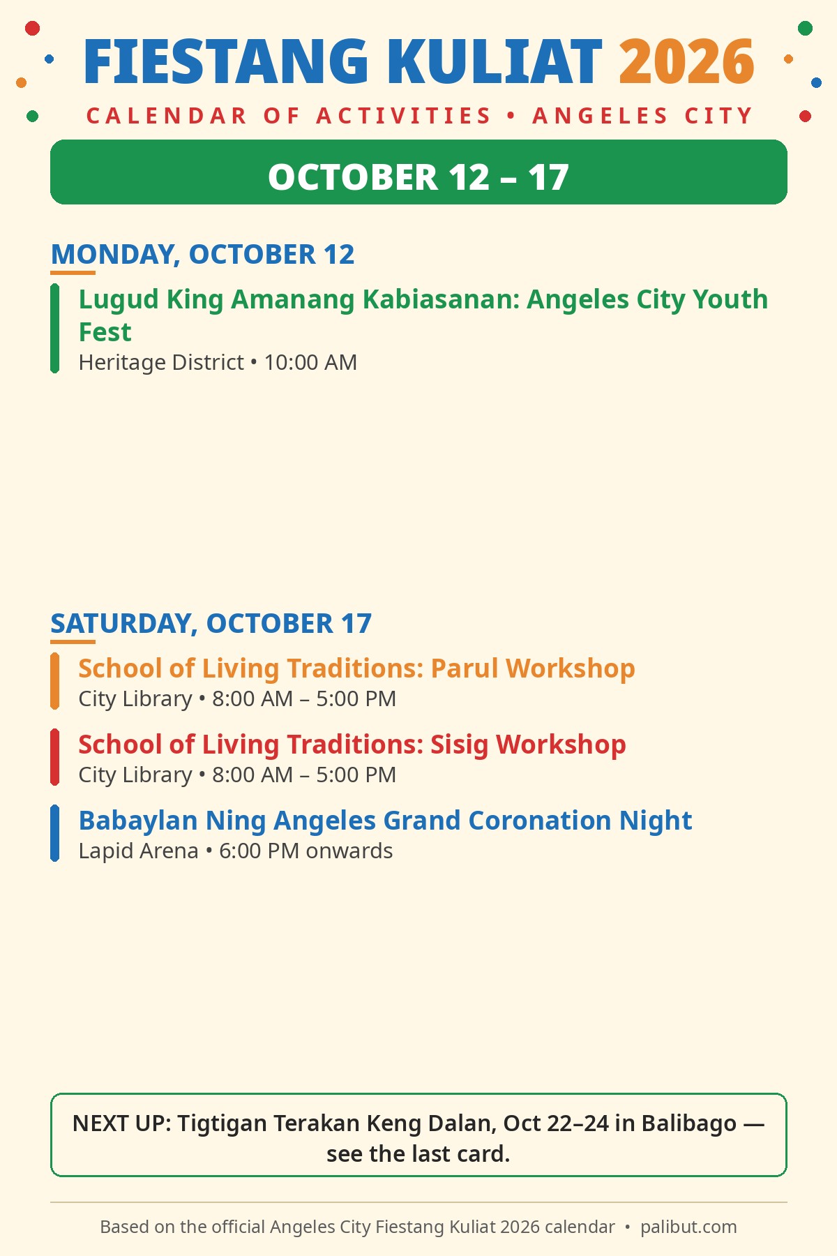 October 12 to 17 events card — Youth Fest and Babaylan Ning Angeles coronation night in Angeles City