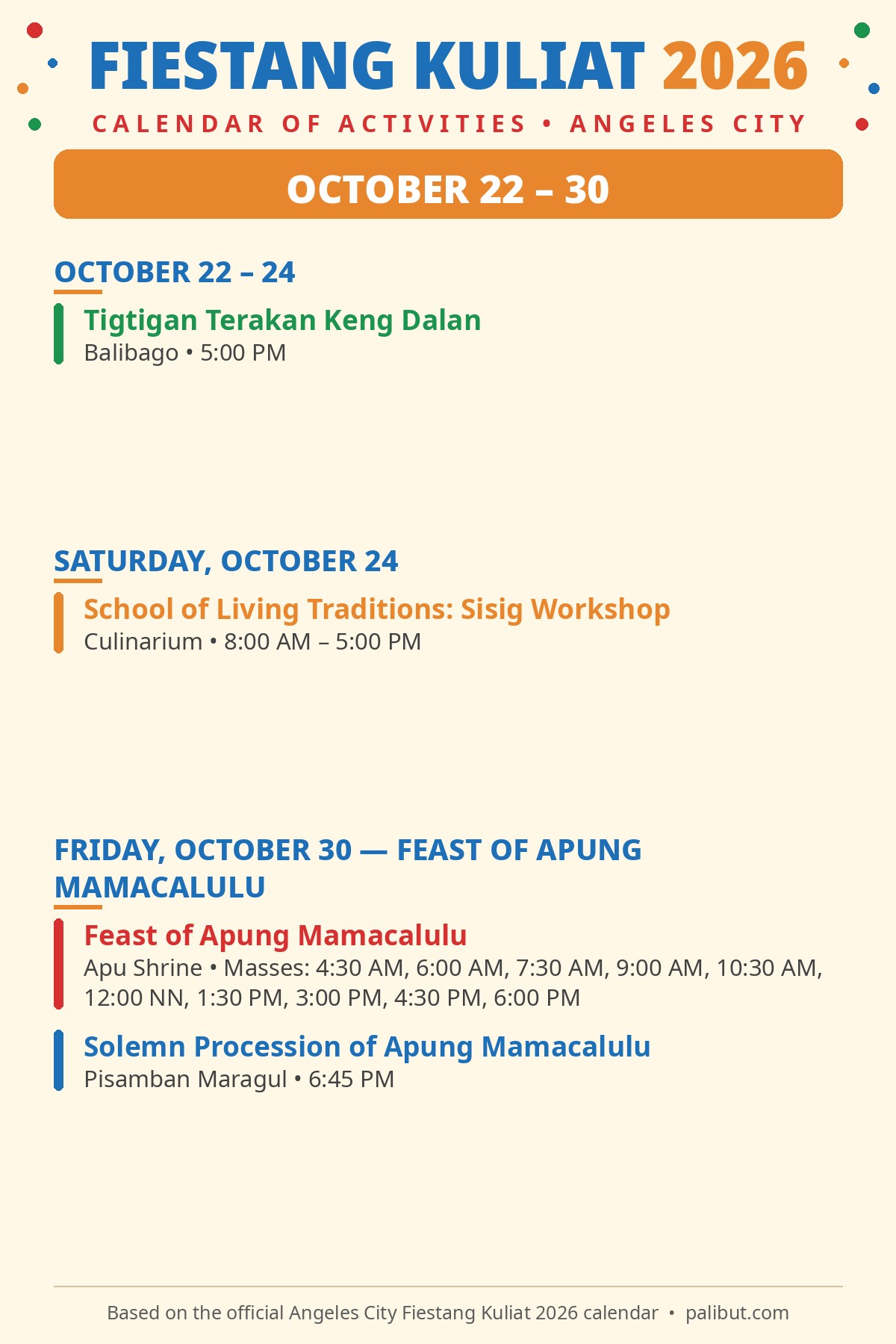 October 22 to 30 events card — Tigtigan Terakan and the Feast of Apung Mamacalulu in Angeles City
